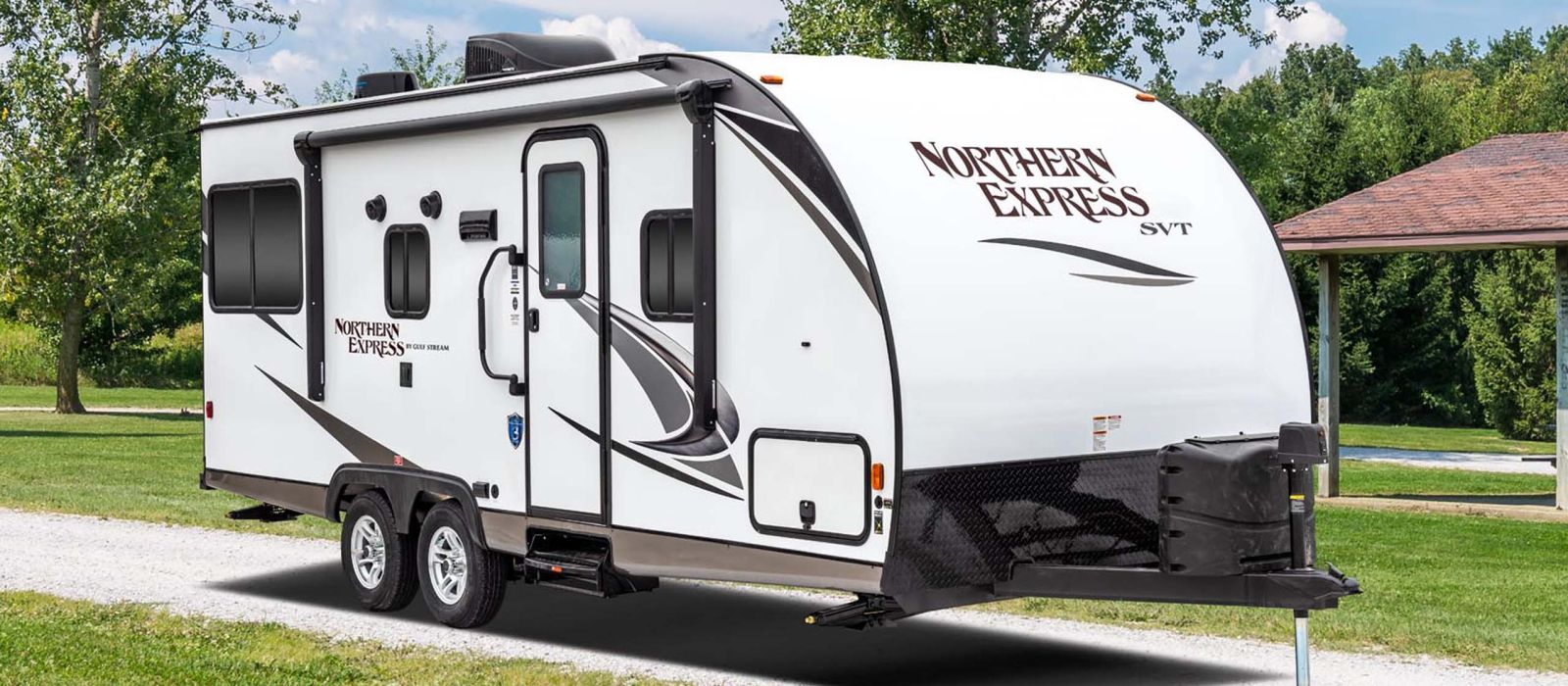 Side angle view of Gulfstream Northern Express lightweight travel trailer